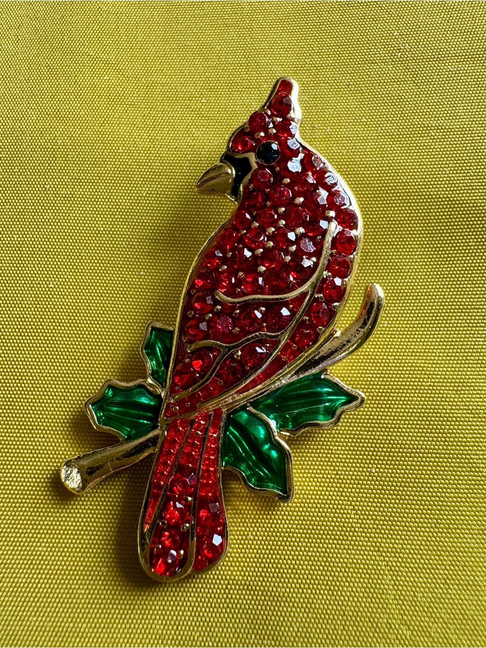 Red Crystal Cardinal Brooch with Green Enamel Leaves